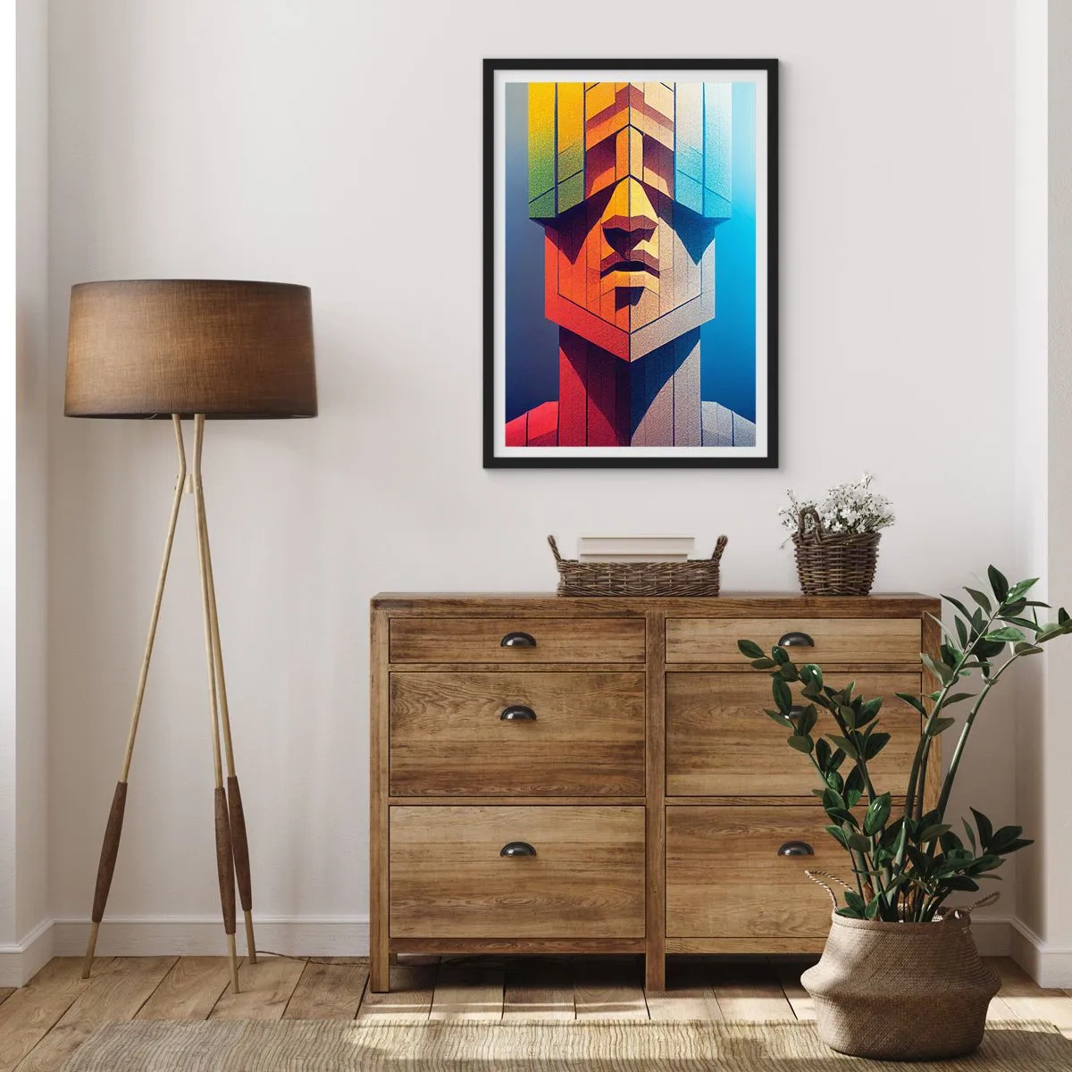 Plagát v čiernom ráme - Monumentálna tvár v geometrickom štýle - 50x70cm - Zásadový človek - Moderná nástenná dekorácia do obývacej izby a spálne ARTTOR