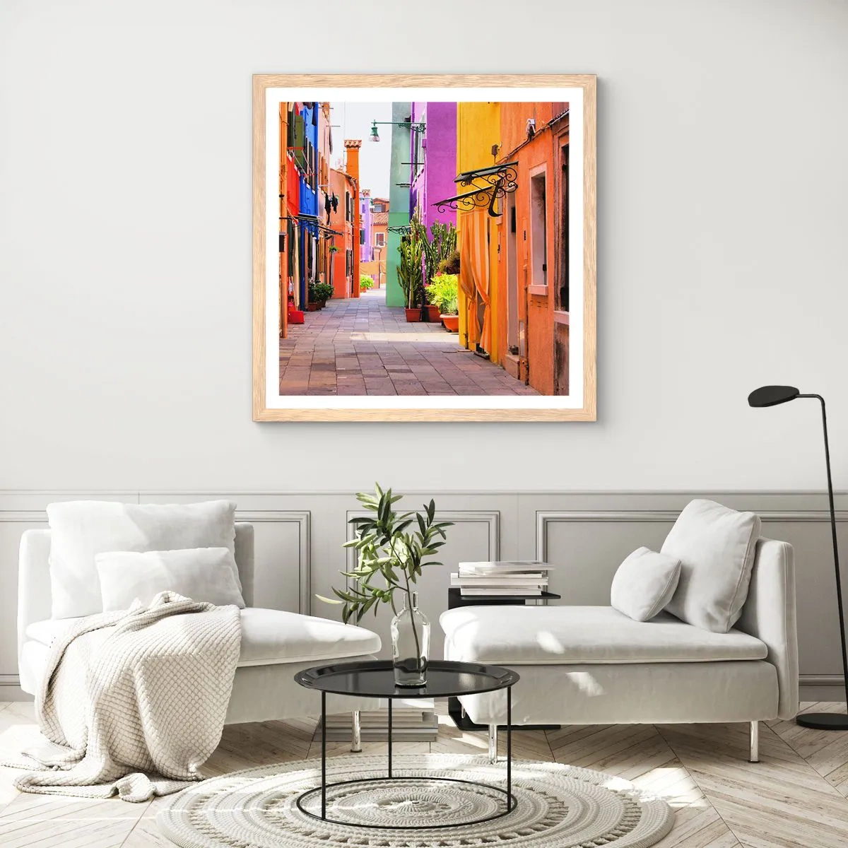 Plagát v ráme zo svetlého duba - Dúhová ulička - 60x60 cm