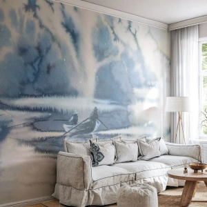 Fototapeta Standard Eco - Akvarelová scéna rybárov na pokojnom jazere - 100x70cm - Rybári vo svojom raji - Moderná nástenná dekorácia do obývacej izby a spálne ARTTOR