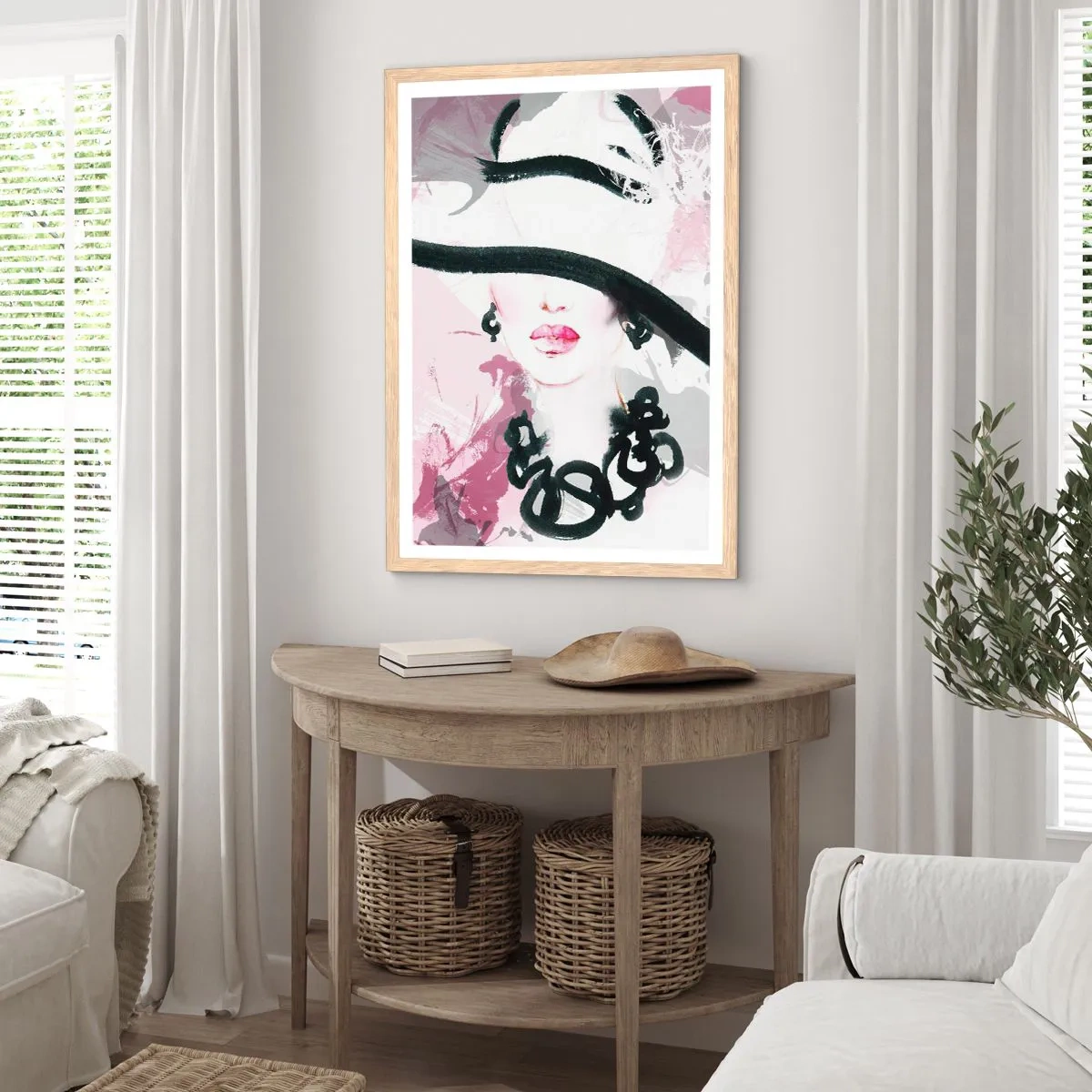 Plagát v ráme zo svetlého duba - Portrét dámy v čiernej a ružovej - 50x70 cm