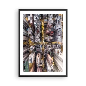 Plagát v čiernom ráme - Letecký pohľad na mesto v noci - 50x70cm - Pozdrav z Hongkongu - Moderná nástenná dekorácia do obývacej izby a spálne ARTTOR