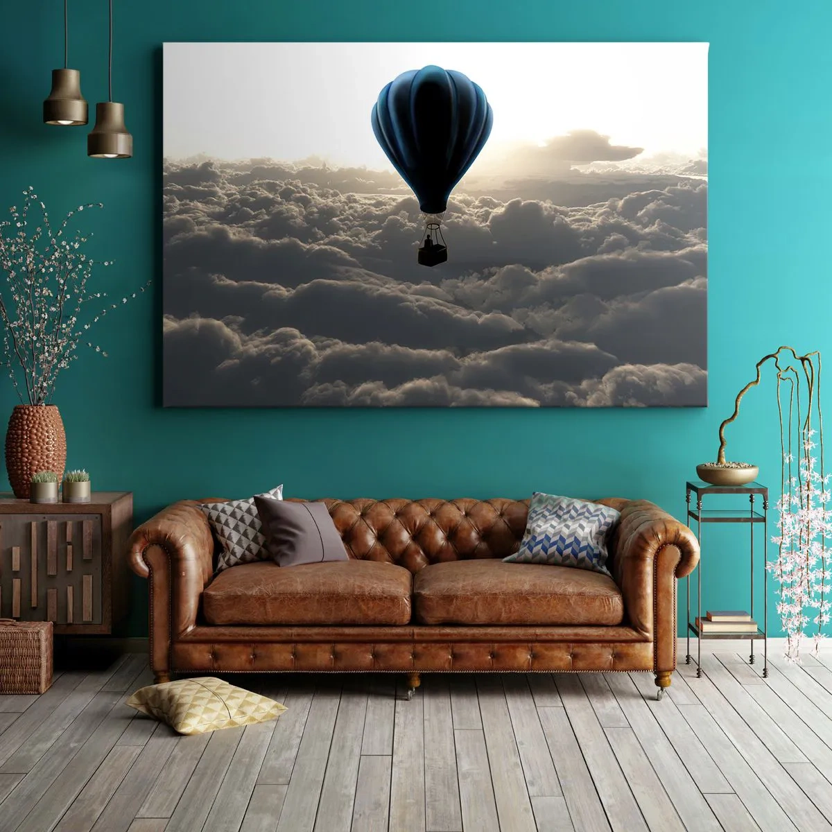 Obraz na plátne - Teplovzdušný balón proti oblohe s oblakmi pri západe slnka - 70x50cm - Pútnik nad oblakmi - Moderná nástenná dekorácia do obývacej izby a spálne ARTTOR