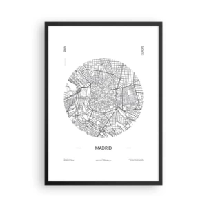 Plagát v čiernom ráme - Minimalistická mapa Madridu v čiernobielej farbe. - 50x70cm - Anatómia Madridu - Moderná nástenná dekorácia do obývacej izby a spálne ARTTOR
