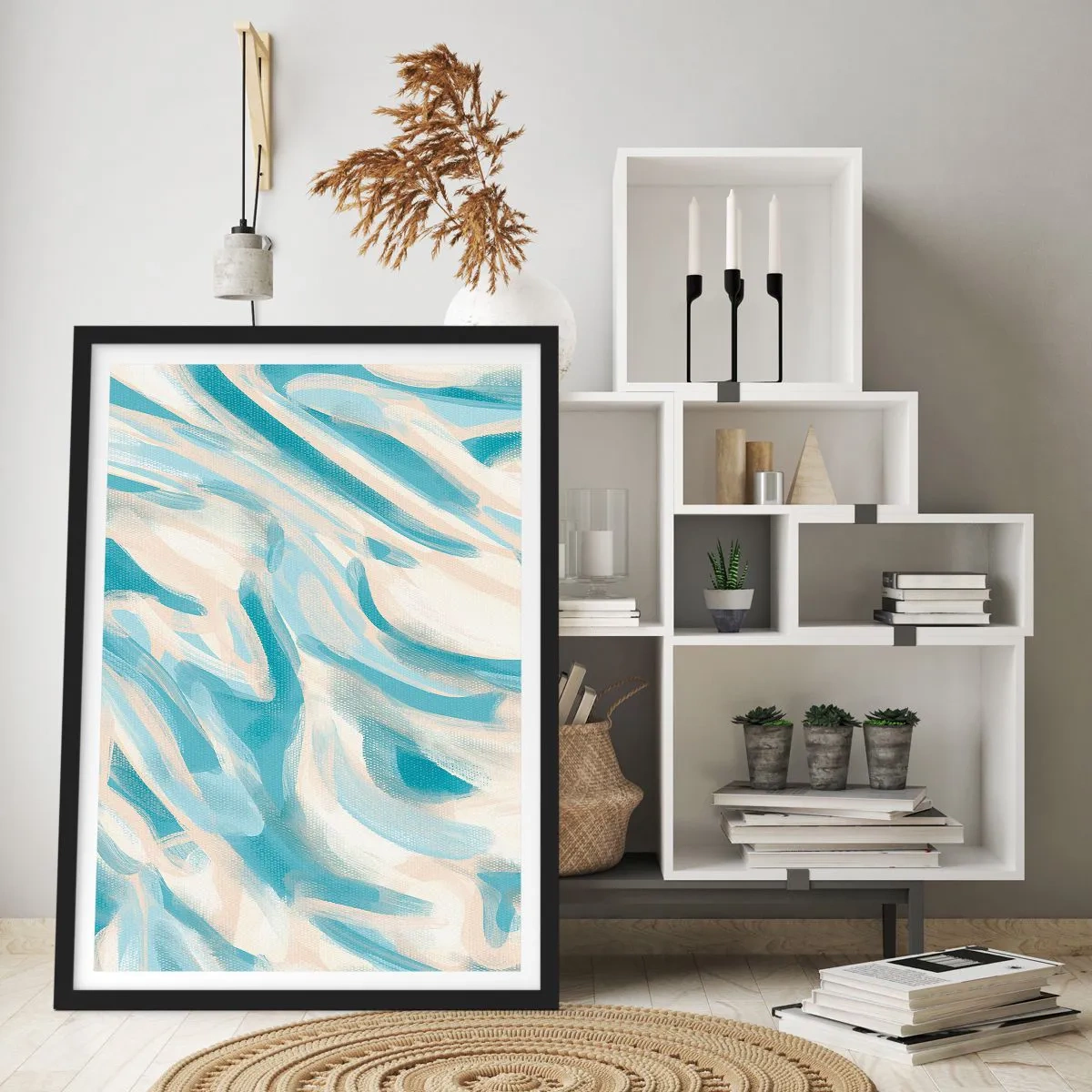 Plagát v čiernom ráme - Abstraktné vlny v modrých a béžových odtieňoch - 50x70cm - Jarné závany - Moderná nástenná dekorácia do obývacej izby a spálne ARTTOR