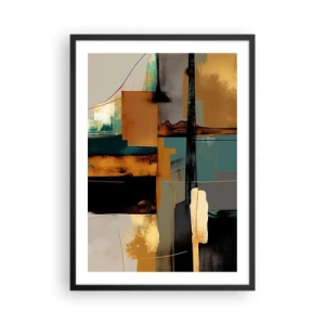 Plagát v čiernom ráme - Abstraktná kompozícia v odtieňoch zlatej a tyrkysovej - 50x70cm - Abstrakcia – svetlo a tieň - Moderná nástenná dekorácia do obývacej izby a spálne ARTTOR