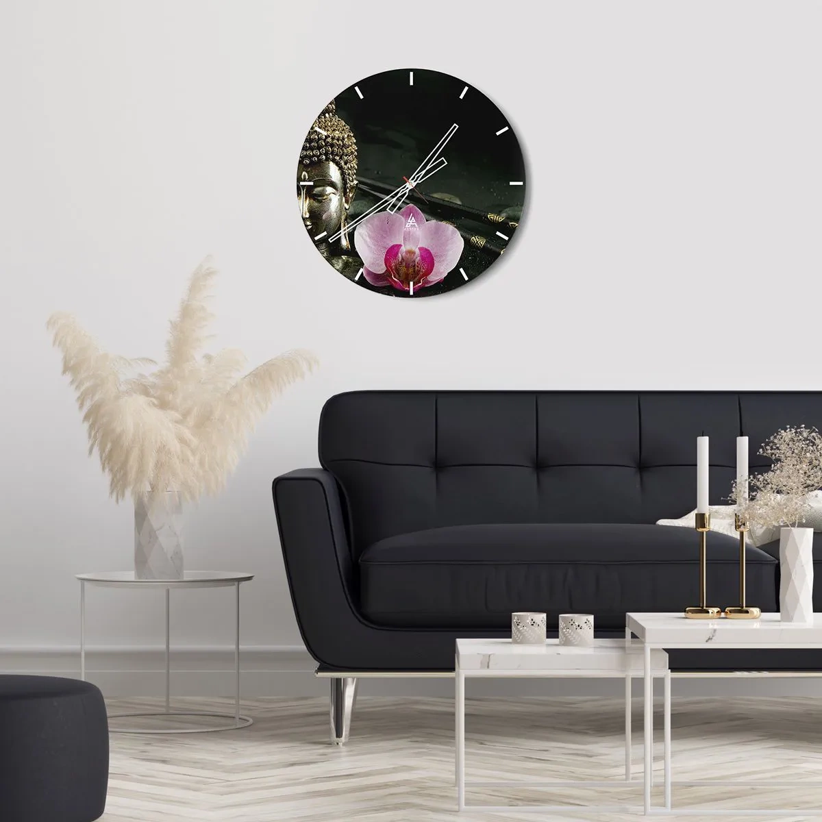 Nástenné hodiny - Budhova postava s orchideou v orientálnom štýle - 30x30cm - Súlad múdrosti a krásy - Moderná nástenná dekorácia do obývacej izby, kuchyne a spálne ARTTOR