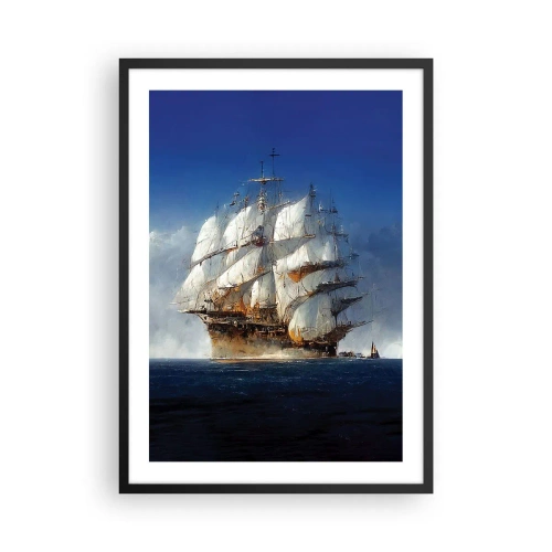 Plagát v čiernom ráme - Plachetnica na otvorenom mori pod plnými plachtami na slnečnom svetle - 50x70cm - The great glory! - Moderná nástenná dekorácia do obývacej izby a spálne ARTTOR