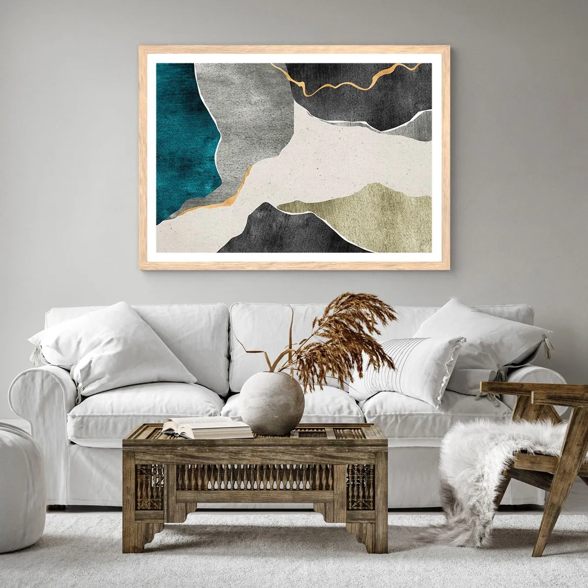 Plagát v ráme zo svetlého duba - Mozaiková kompozícia so zlatou niťou - 91x61 cm