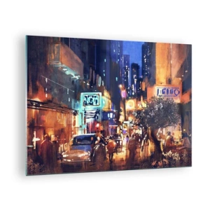 Obraz na skle - Malebná nočná mestská scéna s neónovými svetlami a pouličnou premávkou - 70x50cm - A mesto nespí - Moderná nástenná dekorácia do obývacej izby a spálne ARTTOR