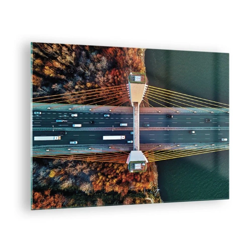 Obraz na skle - Letecký pohľad na most so symetrickým usporiadaním káblov a áut - 70x50cm - Za vodami, za lesmi - Moderná nástenná dekorácia do obývacej izby a spálne ARTTOR