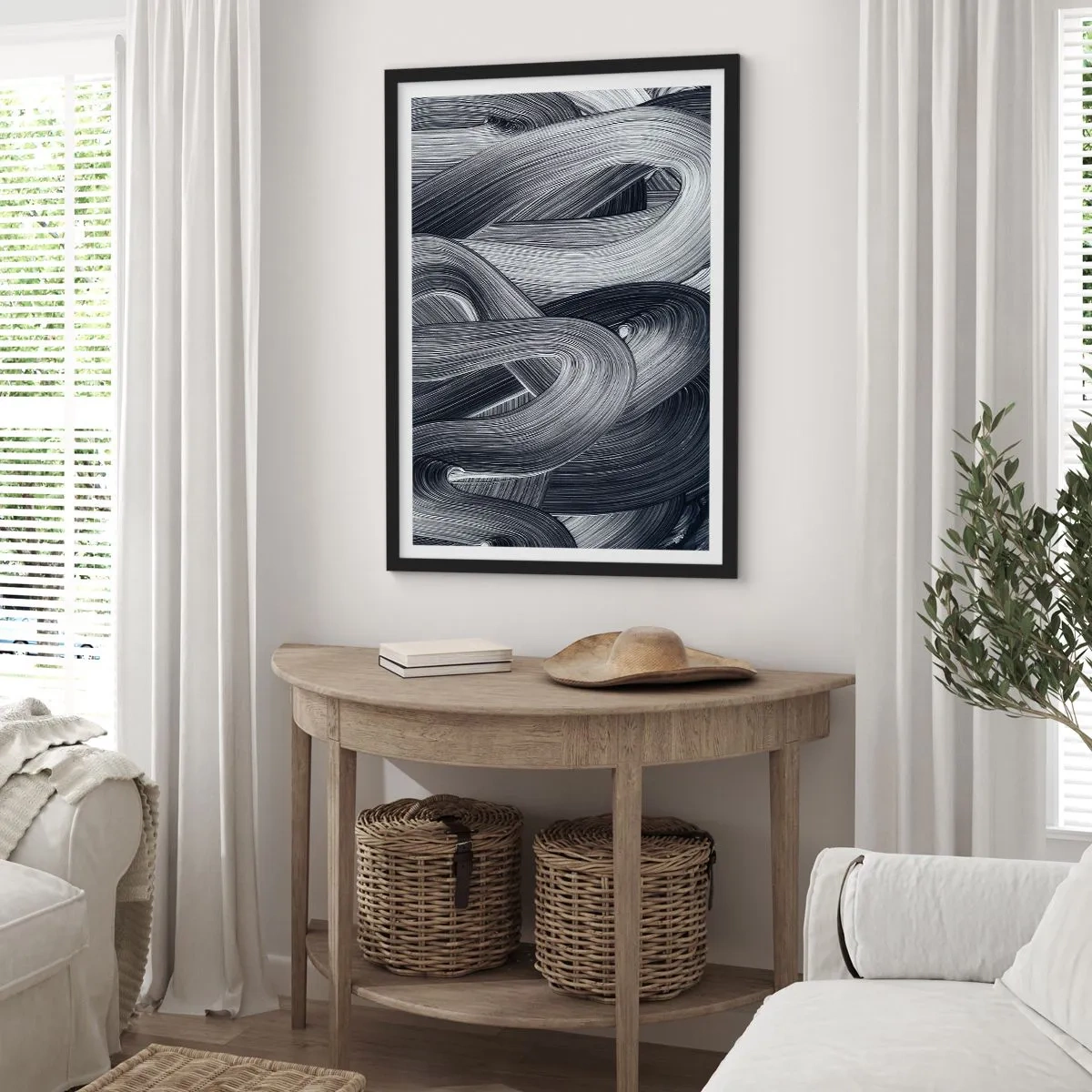 Plagát v čiernom ráme - Abstraktné čiernobiele čiary v harmonickom prepletaní - 50x70cm - Plynulosť reality - Moderná nástenná dekorácia do obývacej izby a spálne ARTTOR
