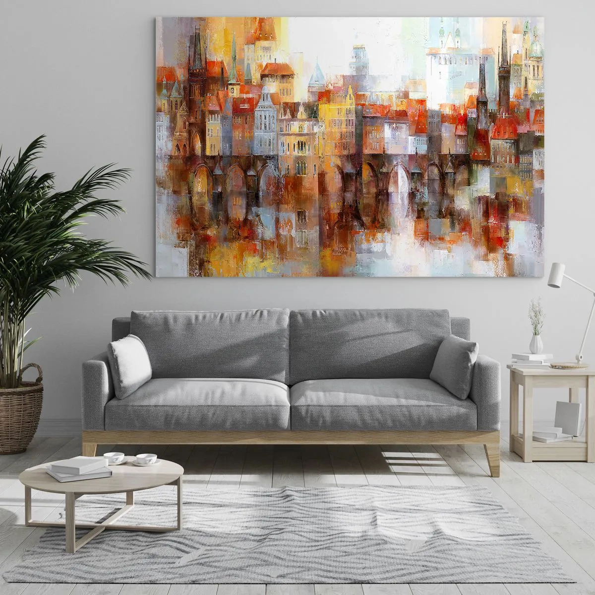 Obraz na skle - Farebná panoráma mesta s mostom a odrazom vo vode - 70x50cm - Pod mostom je tiež krásne - Moderná nástenná dekorácia do obývacej izby a spálne ARTTOR