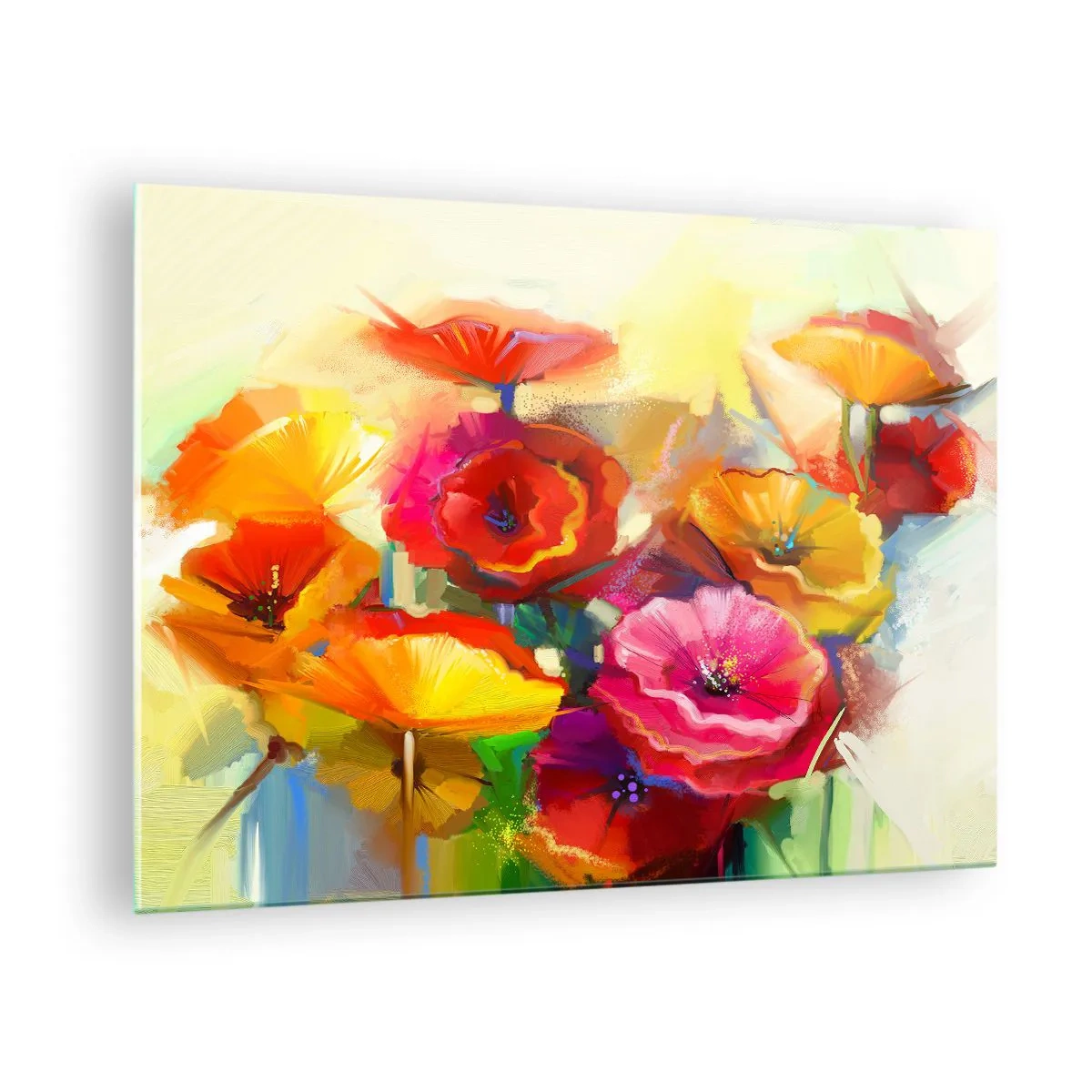 Obraz na skle - Farebné vlčie maky v živých farbách - 70x50cm - Nielen červené - Moderná nástenná dekorácia do obývacej izby a spálne ARTTOR