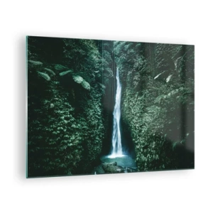 Obraz na skle - Vodopád uprostred hustej tropickej vegetácie - 70x50cm - Tropický prameň - Moderná nástenná dekorácia do obývacej izby a spálne ARTTOR