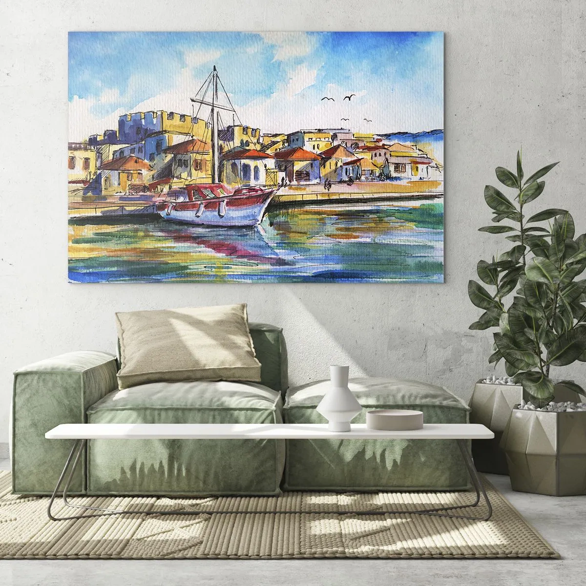 Obraz na skle - Farebný prístav s plachetnicou a stredomorskou architektúrou - 70x50cm - Dúhové popoludnie - Moderná nástenná dekorácia do obývacej izby a spálne ARTTOR