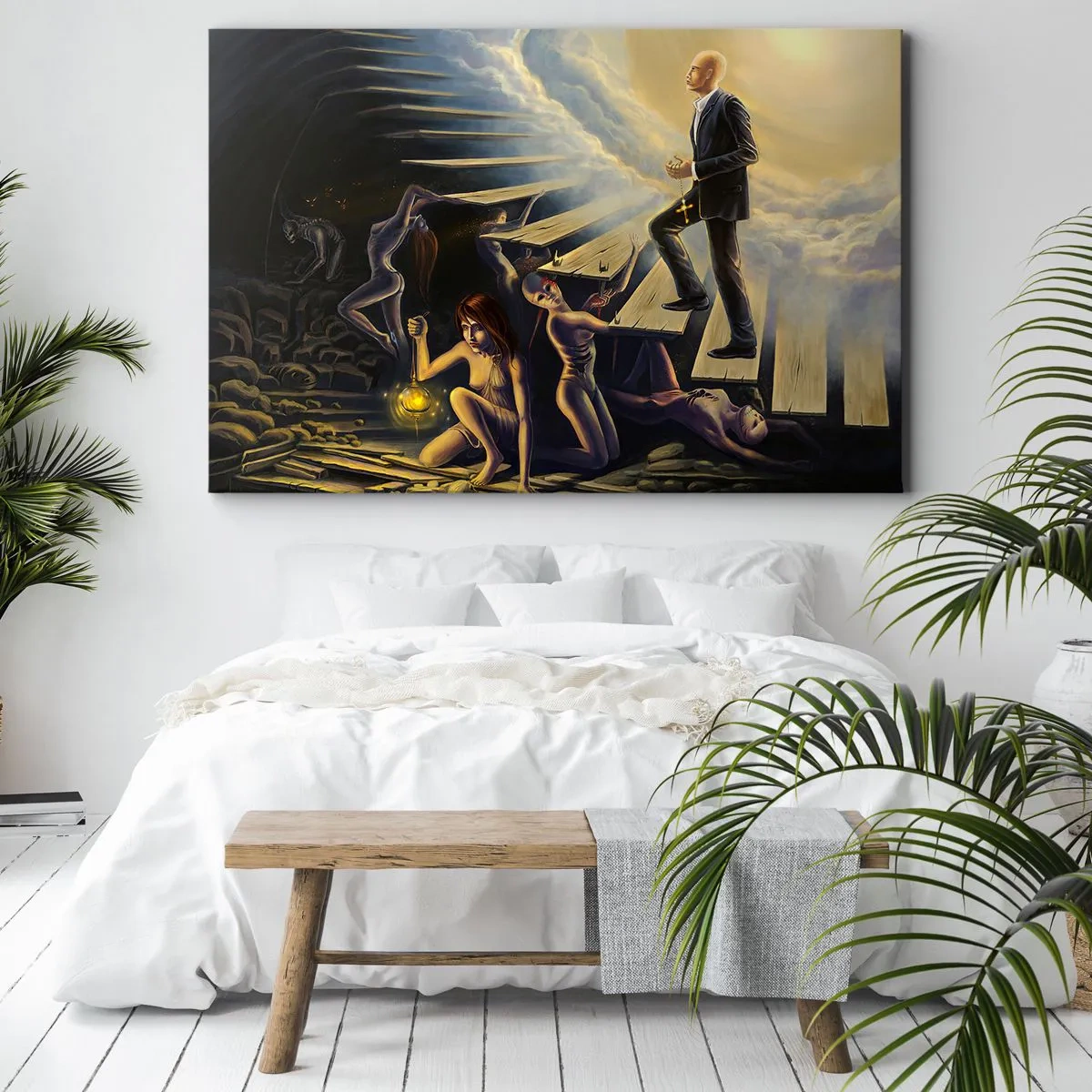 Obraz na plátne - Symbolická scéna cesty k svetlu cez schátrané schodisko - 70x50cm - Dantovo putovanie k svetlu - Moderná nástenná dekorácia do obývacej izby a spálne ARTTOR
