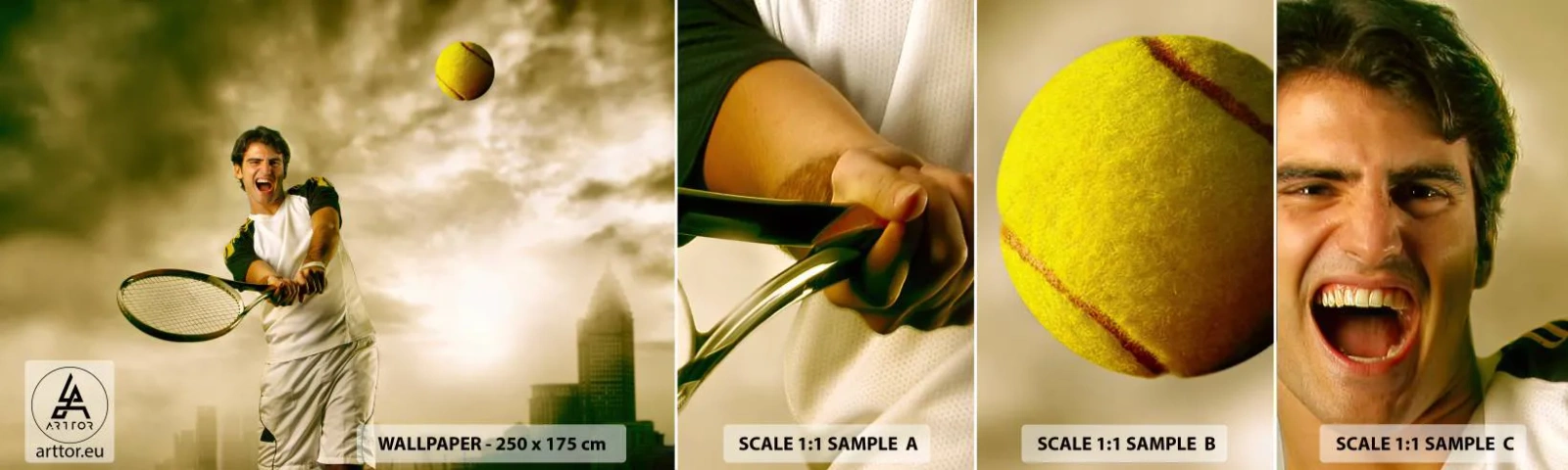 Vzorka samolepiacej fototapety Deluxe Sticker - Energia a radosť - Šport, tenis, Tenista - 100x30 cm