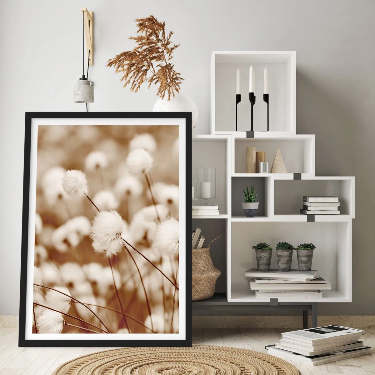 Plagát v čiernom ráme - Nadýchané steblá trávy v jemnom zábere - 50x70cm - Chlpatý lán - Moderná nástenná dekorácia do obývacej izby a spálne ARTTOR