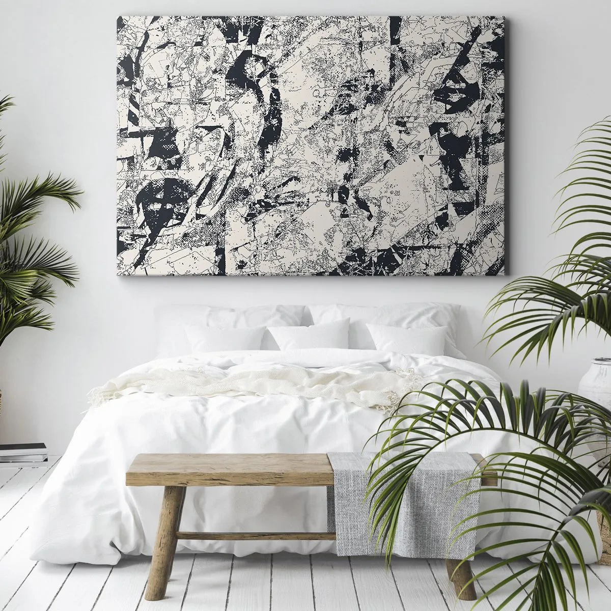Obraz na plátne - Abstraktná kompozícia v čiernobielej farbe s dynamickým rozložením - 70x50cm - Prelínanie protikladov - Moderná nástenná dekorácia do obývacej izby a spálne ARTTOR