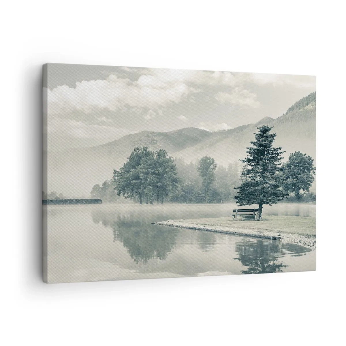 Obraz na plátne - Malebné jazero s lavičkou a hmlou v pozadí - 70x50cm - Jazero ešte spí - Moderná nástenná dekorácia do obývacej izby a spálne ARTTOR