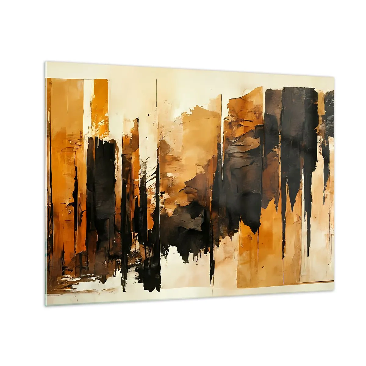 Obraz na skle - Zlatohnedá abstrakcia s vertikálnymi štruktúrami - 70x50cm - Harmónia čiernej a zlatej - Moderná nástenná dekorácia do obývacej izby a spálne ARTTOR
