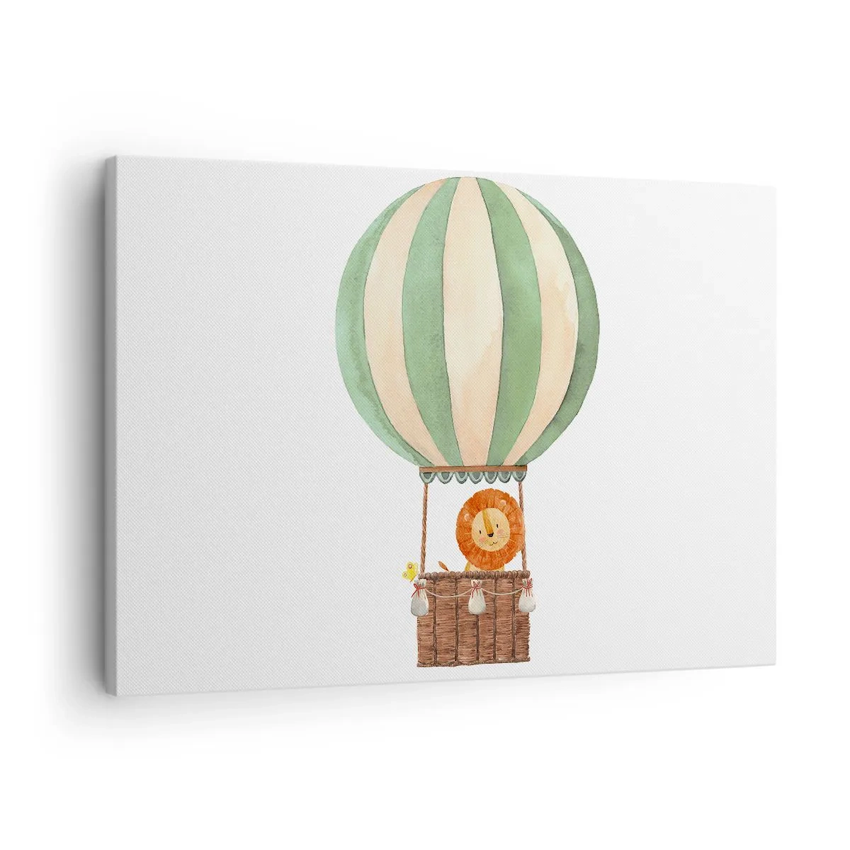 Obraz na plátne - Balón s usmievavým levom v pastelovo sfarbenom košíku - 70x50cm - Leonove cesty - Moderná nástenná dekorácia do obývacej izby a spálne ARTTOR