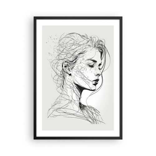 Plagát v čiernom ráme - Skica ženy s rozpustenými vlasmi, vytvorená v minimalistickom štýle. - 50x70cm - Portrét v zamyslení - Moderná nástenná dekorácia do obývacej izby a spálne ARTTOR