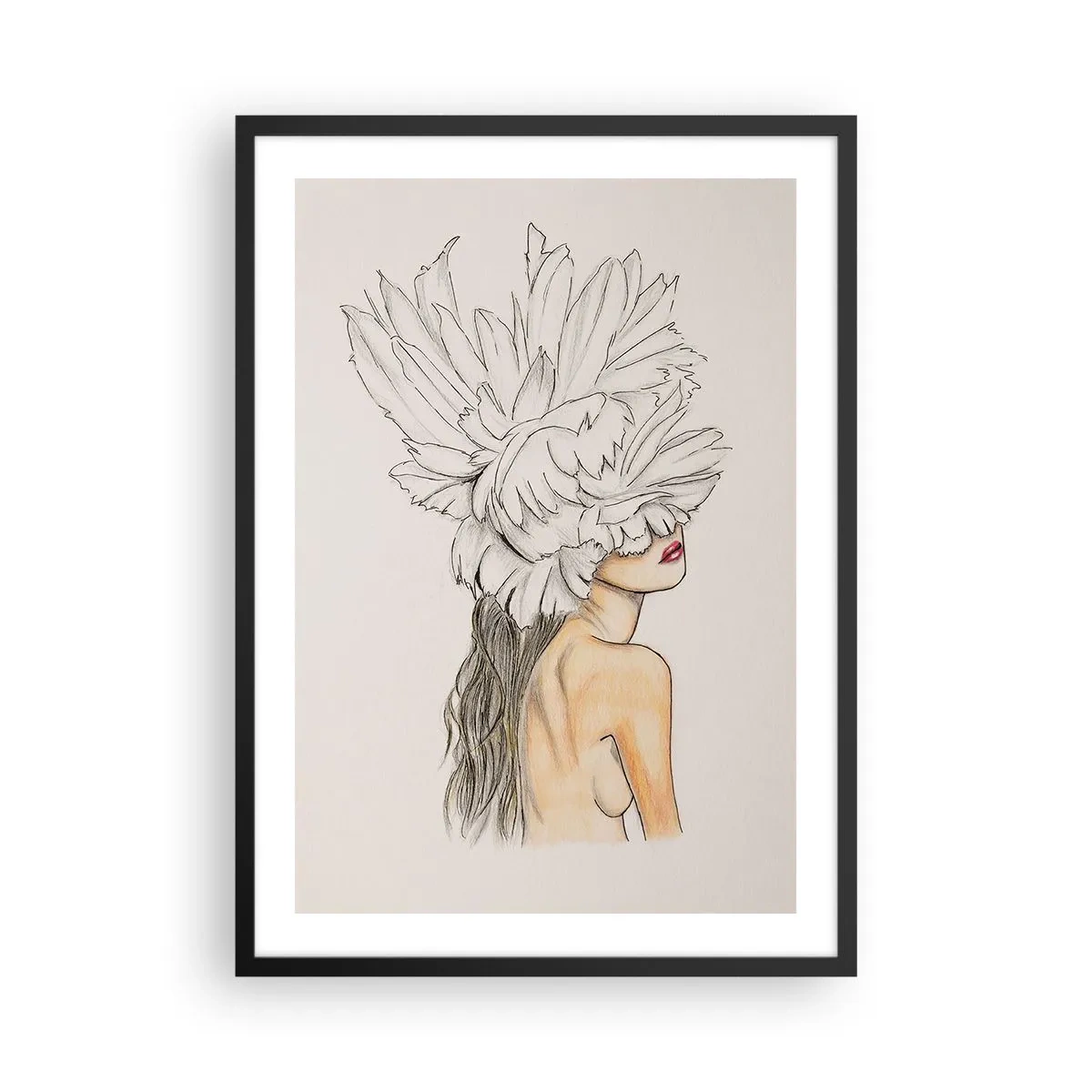 Plagát v čiernom ráme - Portrét ženy s perovým klobúkom v umeleckom štýle - 50x70cm - Vrchol krásy - Moderná nástenná dekorácia do obývacej izby a spálne ARTTOR