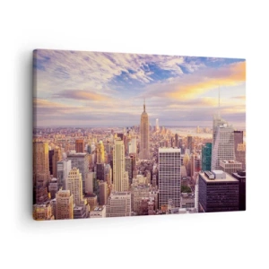 Obraz na plátne - Panoráma moderného mesta s mrakodrapmi pri západe slnka - 70x50cm - Dosiahnuť samotné oblaky - Moderná nástenná dekorácia do obývacej izby a spálne ARTTOR