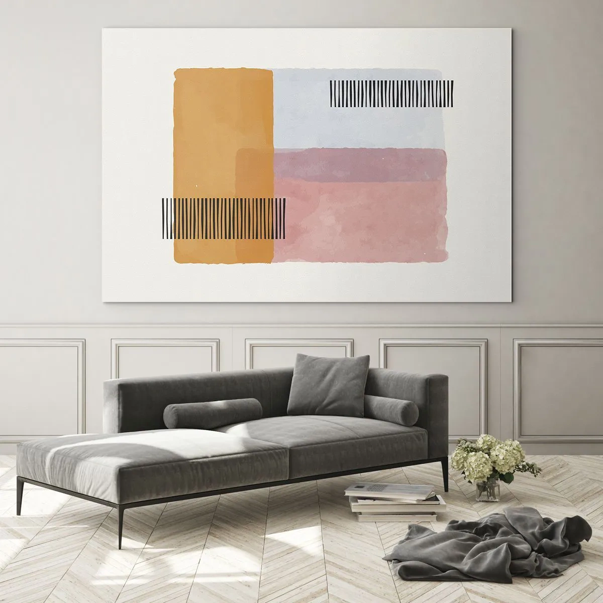 Obraz na skle - Abstraktné obdĺžniky s čiarami v minimalistickom štýle - 70x50cm - Z rohu do rohu - Moderná nástenná dekorácia do obývacej izby a spálne ARTTOR