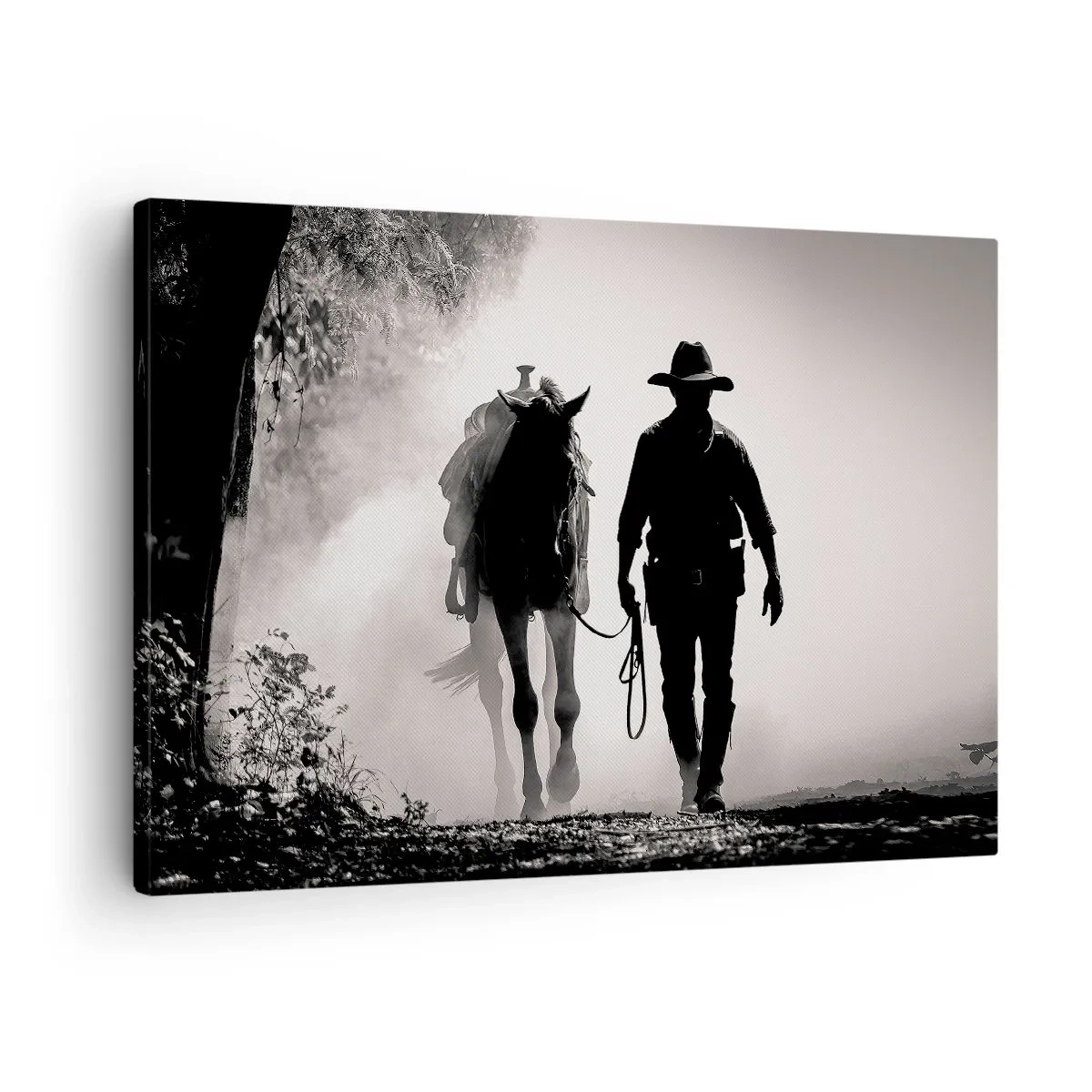 Obraz na plátne - Kovboj s koňom v rannej hmle - 70x50cm - Texaské ráno - Moderná nástenná dekorácia do obývacej izby a spálne ARTTOR