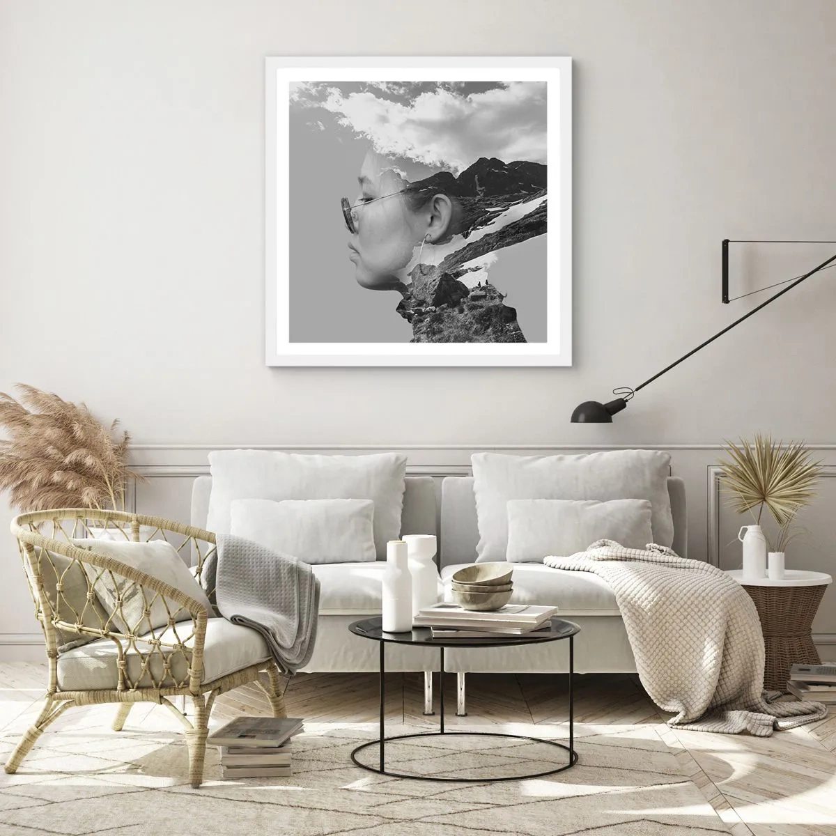 Plagát v bielom ráme - Povznešený portrét v oblakoch - 50x50 cm