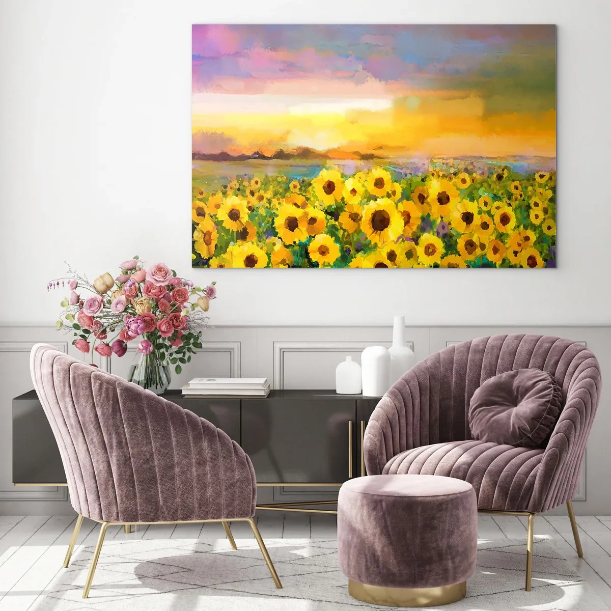 Obraz na skle - Pole slnečníc vo svetle zapadajúceho slnka - 70x50cm - Samotné slnko zostúpilo na zem - Moderná nástenná dekorácia do obývacej izby a spálne ARTTOR