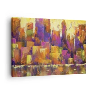 Obraz na plátne - Abstraktná kompozícia metropoly v odtieňoch žltej a fialovej - 70x50cm - Metropolitná kompozícia - Moderná nástenná dekorácia do obývacej izby a spálne ARTTOR