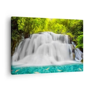 Obraz na plátne - Vodopád v tropickom lese s tyrkysovou vodou - 70x50cm - Speneným vodopádom od zelene k modrej - Moderná nástenná dekorácia do obývacej izby a spálne ARTTOR