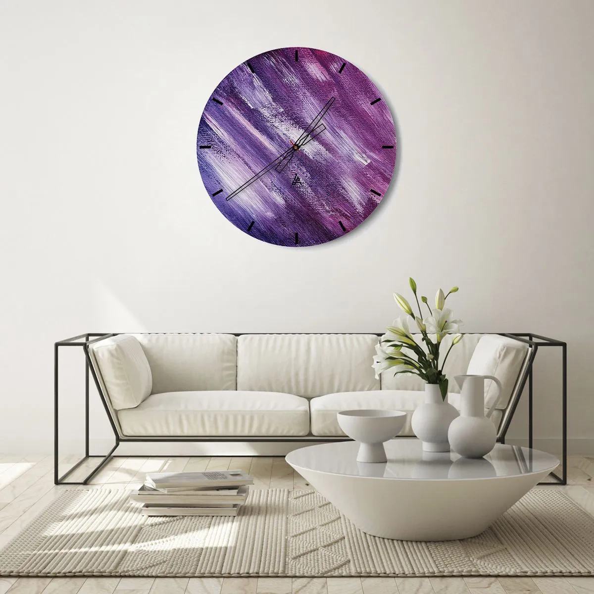 Nástenné hodiny - Abstraktné ťahy štetcom v odtieňoch fialovej a ružovej - 30x30cm - Keď fúka slnečný vietor - Moderná nástenná dekorácia do obývacej izby, kuchyne a spálne ARTTOR