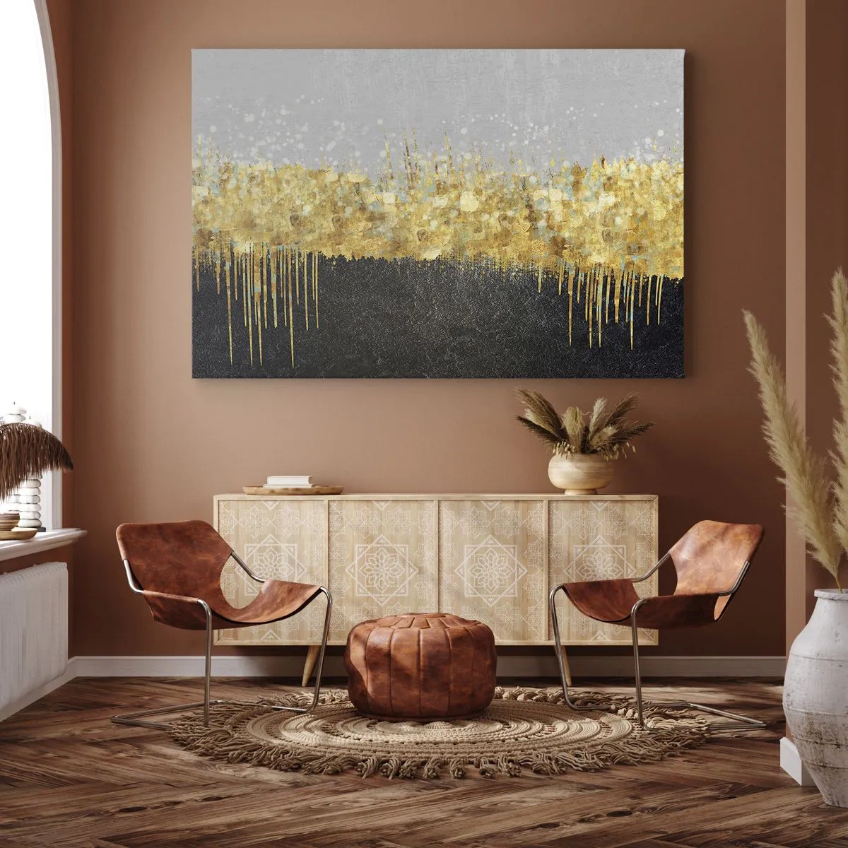 Obraz na plátne - Abstraktná kompozícia v odtieňoch zlatej a čiernej - 70x50cm - Dovnútra a nahor - Moderná nástenná dekorácia do obývacej izby a spálne ARTTOR