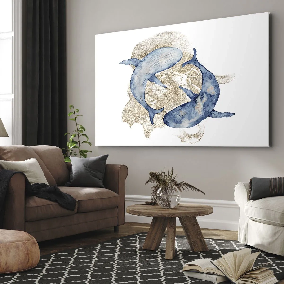 Obraz na plátne - Abstraktné modré veľryby na svetlom pozadí - 70x50cm - Priateľstvo alebo láska? - Moderná nástenná dekorácia do obývacej izby a spálne ARTTOR