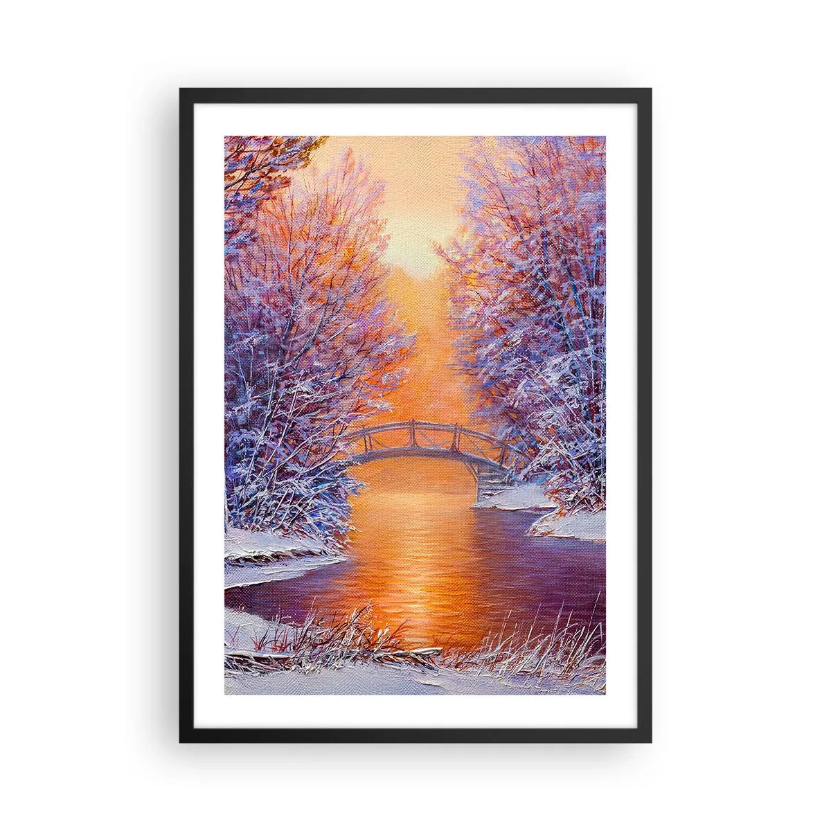 Plagát v čiernom ráme - Zimná krajina s mostom a zapadajúcim slnkom odrážajúcim sa v rieke - 50x70cm - Stretneme sa tu - Moderná nástenná dekorácia do obývacej izby a spálne ARTTOR