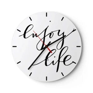 Nástenné hodiny - Biele hodiny s čiernym nápisom Enjoy Life na minimalistickom pozadí. - 30x30cm - Niet čo dodať… - Moderná nástenná dekorácia do obývacej izby, kuchyne a spálne ARTTOR
