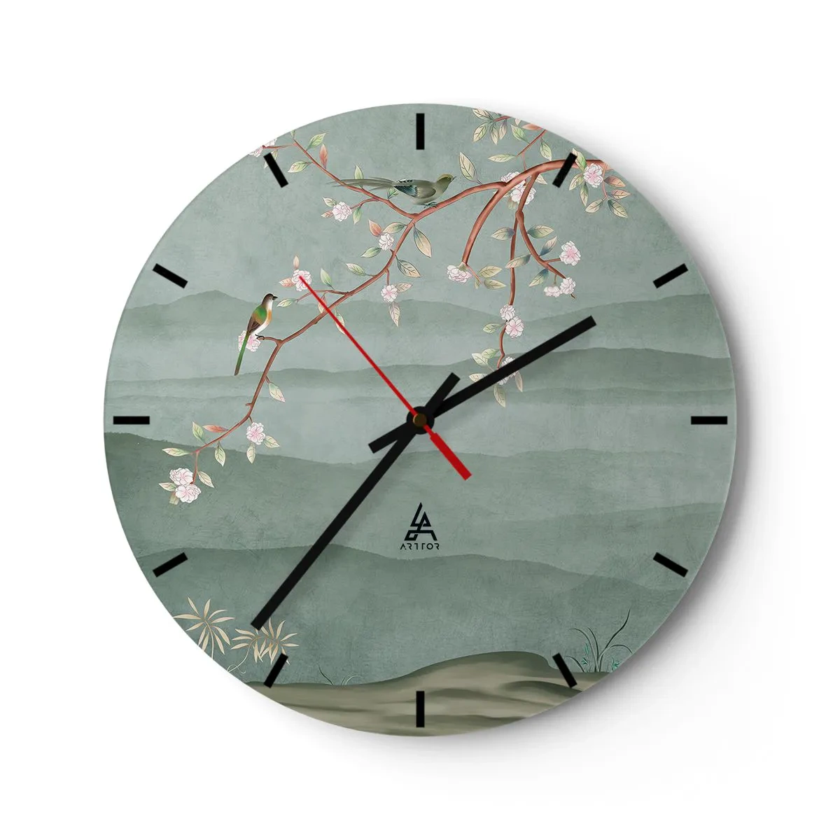 Nástenné hodiny - Konár s kvetmi a vtákmi na pozadí zelených kopcov - 30x30cm - Jar je tu - Moderná nástenná dekorácia do obývacej izby, kuchyne a spálne ARTTOR