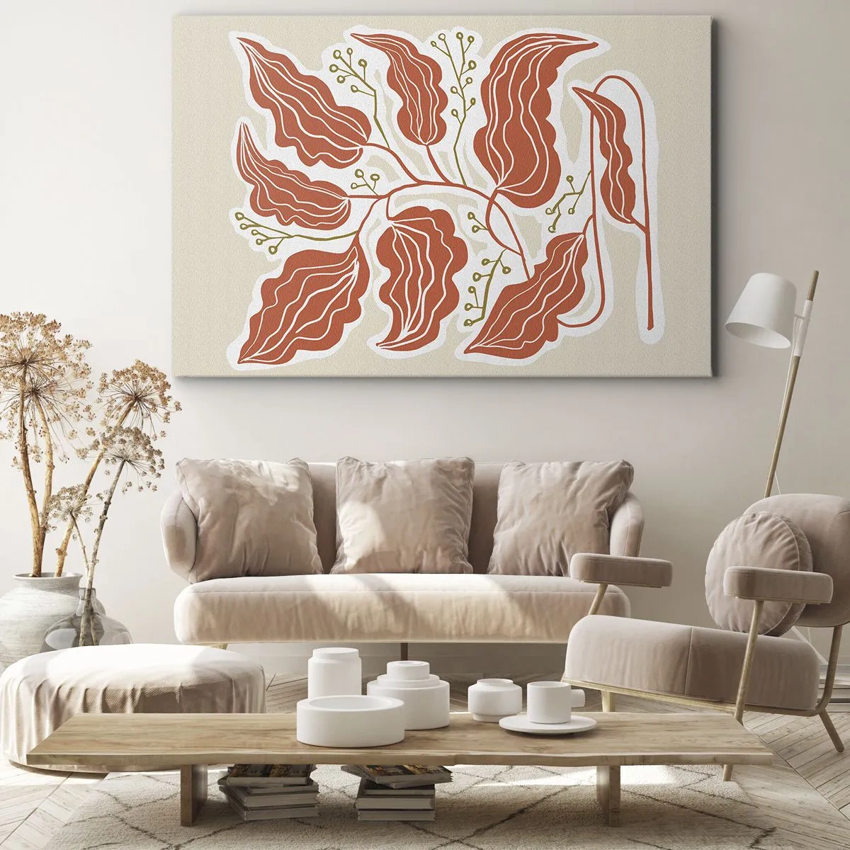 Obraz na plátne - Minimalistický motív listu v odtieňoch oranžovej a zelenej. - 70x50cm - Ľudovo a koralovo - Moderná nástenná dekorácia do obývacej izby a spálne ARTTOR