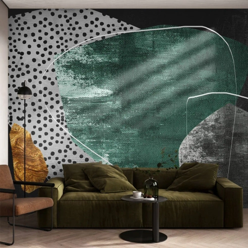 Fototapeta Standard Eco - Zelené a zlaté geometrické tvary na čiernom a sivom pozadí - 100x70cm - Farebná abstrakcia so zlatou vločkou - Moderná nástenná dekorácia do obývacej izby a spálne ARTTOR