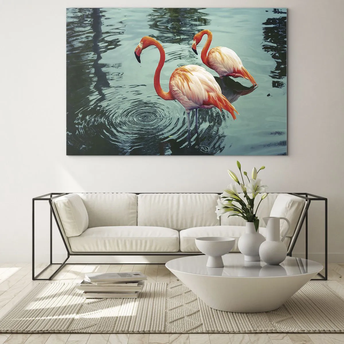 Obraz na skle - Plameniaky na vode v harmonickom zložení - 70x50cm - Teraz sme v móde - Moderná nástenná dekorácia do obývacej izby a spálne ARTTOR