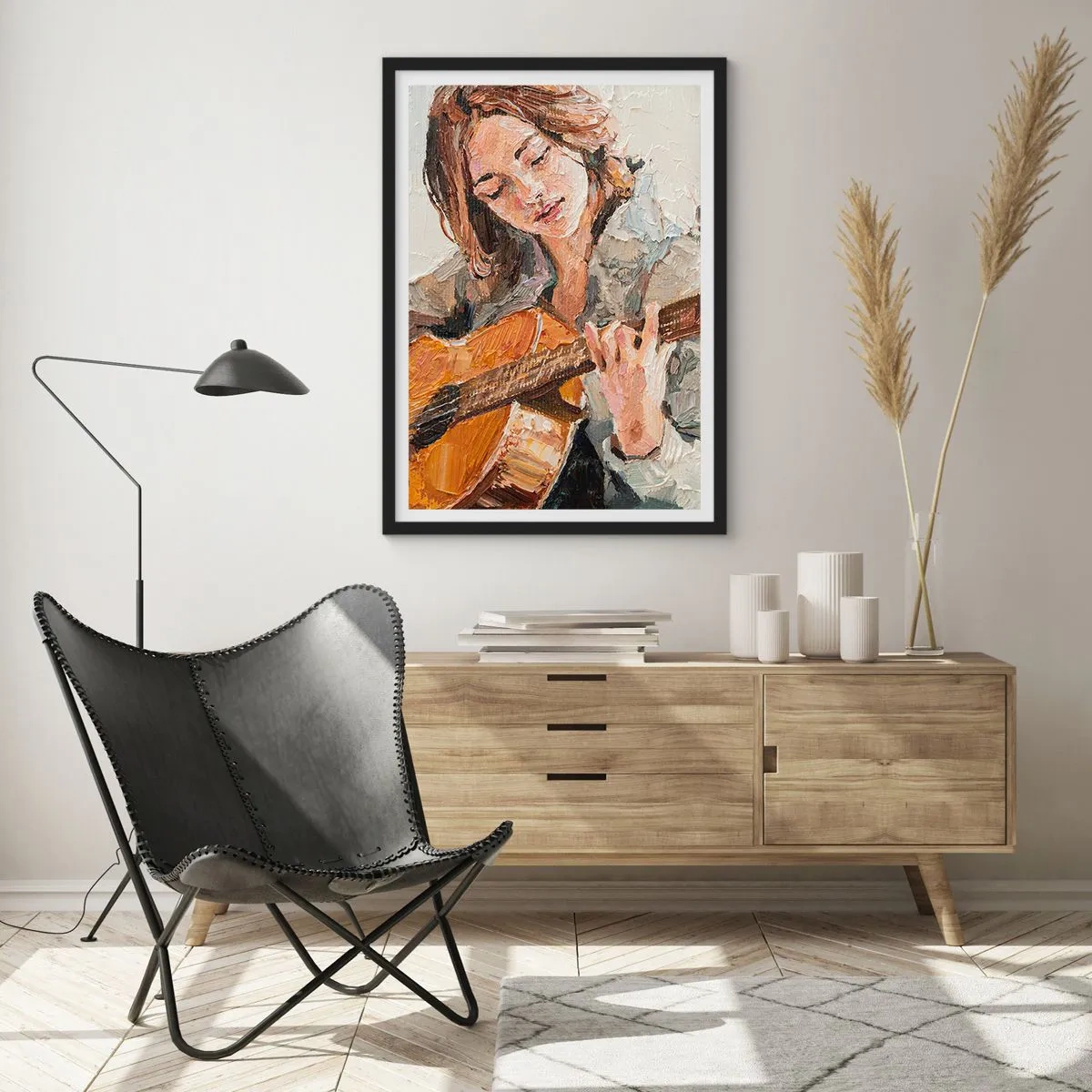 Plagát v čiernom ráme - Portrét ženy hrajúcej na gitare v impasto štýle - 50x70cm - Koncert pre gitaru a dievčenské srdce - Moderná nástenná dekorácia do obývacej izby a spálne ARTTOR