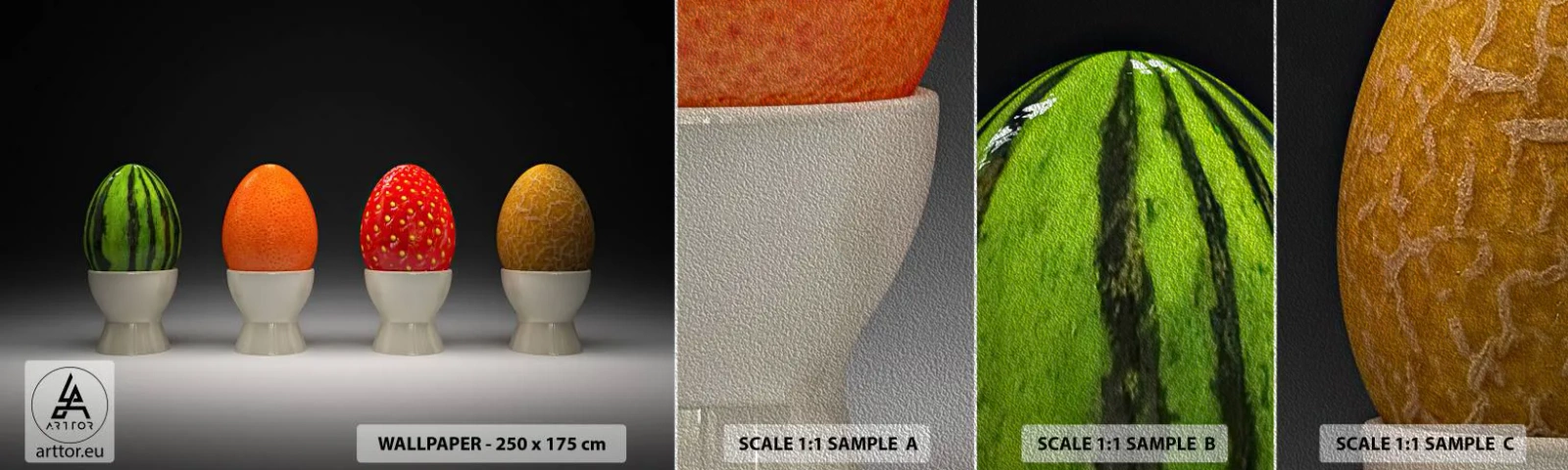 Vzorka fototapety Premium Sand - Ovocné raňajky - Abstrakcia, Ovocie, Vajcia - 100x30 cm