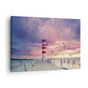 Obraz na plátne - Maják na móle obklopený malebným západom slnka - 70x50cm - Čas ísť do prístavu - Moderná nástenná dekorácia do obývacej izby a spálne ARTTOR