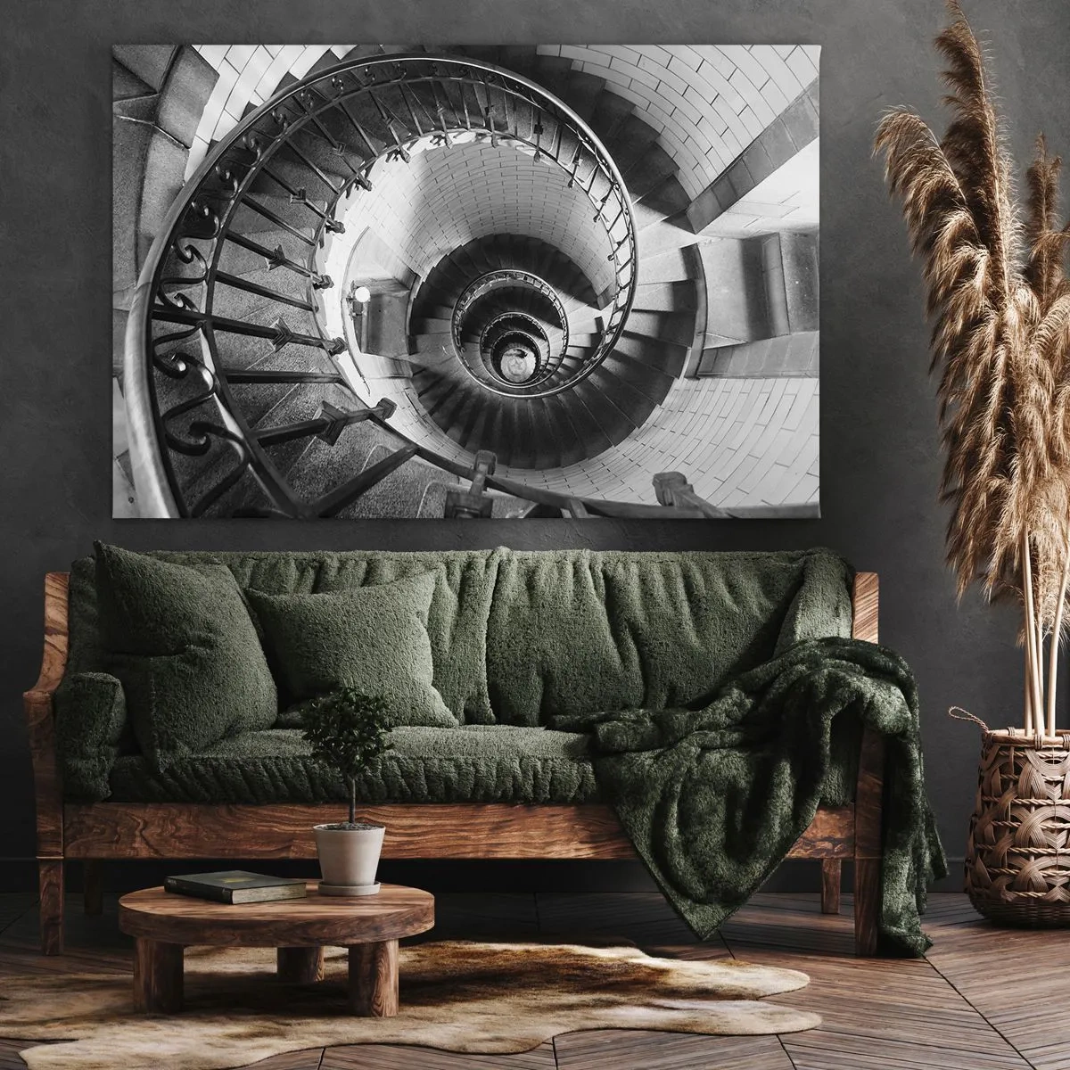 Obraz na plátne - Čiernobiela fotografia točitého schodiska s pohľadom zhora nadol - 70x50cm - Len vyššie a vyššie - Moderná nástenná dekorácia do obývacej izby a spálne ARTTOR