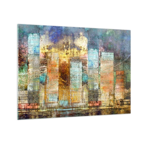 Obraz na skle - Farebná abstraktná panoráma mestských mrakodrapov v umeleckom štýle - 70x50cm - Slnečná metropola - Moderná nástenná dekorácia do obývacej izby a spálne ARTTOR