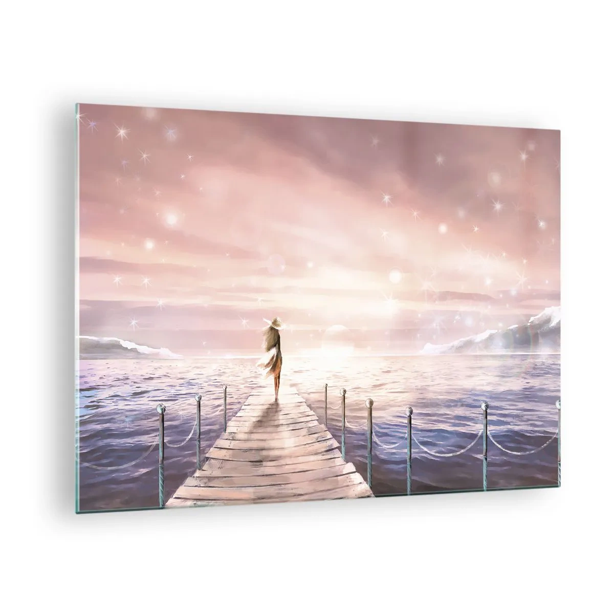 Obraz na skle - Žena na móle pri západe slnka - 70x50cm - Vo svetle sna - Moderná nástenná dekorácia do obývacej izby a spálne ARTTOR
